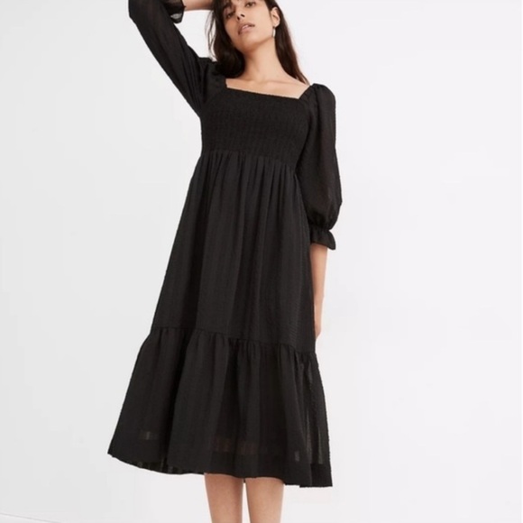 Madewell Lucie Elbow-Sleeve Smocked Textured Black Midi Dress - Picture 1 of 7